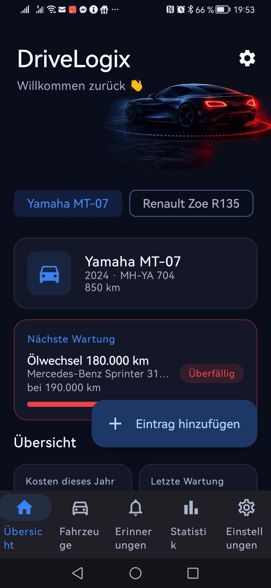 DriveLogix Dashboard showing vehicle overview